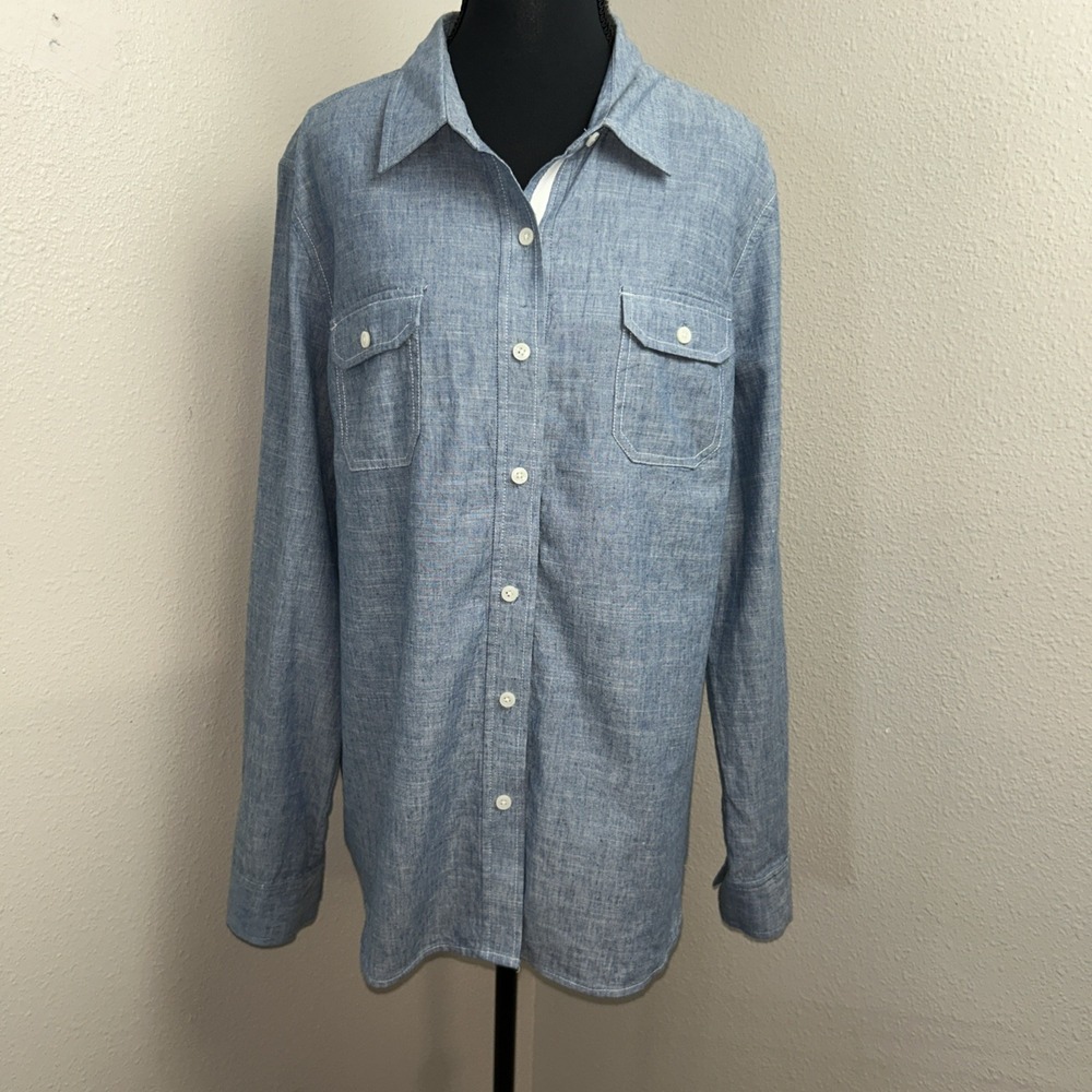 Jones New York Blouse Women's Large Chambray Roll Tab Button Down Classic